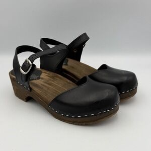 Sandgrens Black Leather Slingback Clogs Womens EU 38 Fits US 8.5 Swedish Wood